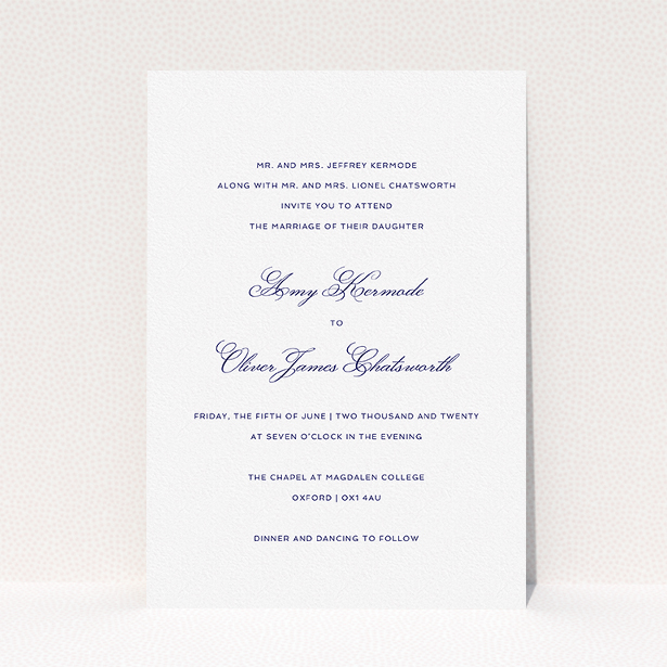 A personalised wedding invitation design titled "Right and Proper". It is an A5 invite in a portrait orientation. "Right and Proper" is available as a flat invite, with tones of white and navy blue.