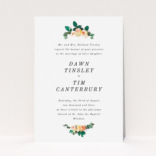 Personalised Wedding Invitation Design - "Rose bouquet" A personalised wedding invitation design called "Rose bouquet". It is an A5 invite in a portrait orientation. "Rose bouquet" is available as a flat invite, with tones of white and green.