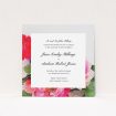 A personalised wedding invitation named "Rose Frame". It is a square (148mm x 148mm) invite in a square orientation. "Rose Frame" is available as a flat invite, with tones of pink, red and green.