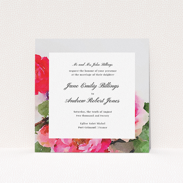 A personalised wedding invitation named "Rose Frame". It is a square (148mm x 148mm) invite in a square orientation. "Rose Frame" is available as a flat invite, with tones of pink, red and green.