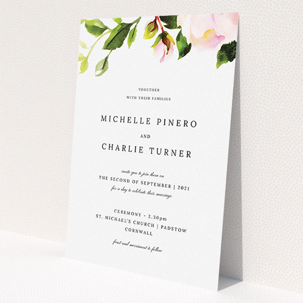 A personalised wedding invitation design titled "Rose Roof". It is an A5 invite in a portrait orientation. "Rose Roof" is available as a flat invite, with tones of pink and green.