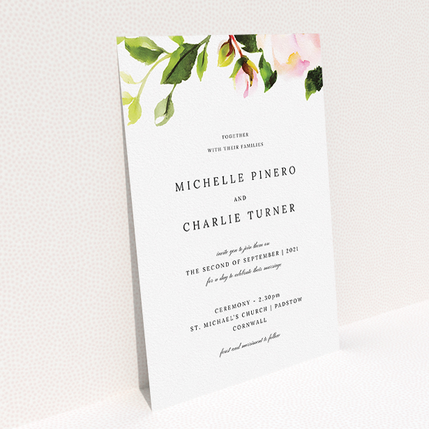 A personalised wedding invitation design titled "Rose Roof". It is an A5 invite in a portrait orientation. "Rose Roof" is available as a flat invite, with tones of pink and green.