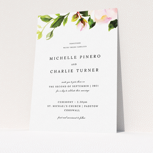 A personalised wedding invitation design titled "Rose Roof". It is an A5 invite in a portrait orientation. "Rose Roof" is available as a flat invite, with tones of pink and green.