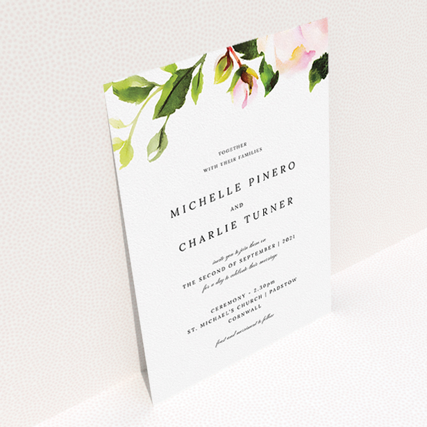 A personalised wedding invitation design titled "Rose Roof". It is an A5 invite in a portrait orientation. "Rose Roof" is available as a flat invite, with tones of pink and green.