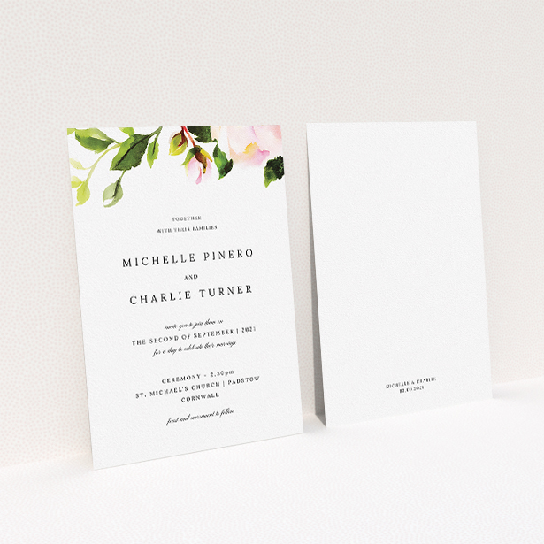 A personalised wedding invitation design titled "Rose Roof". It is an A5 invite in a portrait orientation. "Rose Roof" is available as a flat invite, with tones of pink and green.