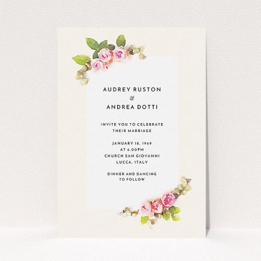Personalised Wedding Invitation Design - "Roses on the corner" A personalised wedding invitation design titled "Roses on the corner". It is an A5 invite in a portrait orientation. "Roses on the corner" is available as a flat invite, with tones of pink, green and cream.