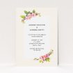 A personalised wedding invitation design titled "Roses on the corner". It is an A5 invite in a portrait orientation. "Roses on the corner" is available as a flat invite, with tones of pink, green and cream.