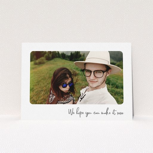 Personalised Wedding Invitation Design - "Rounded Landscape Photo" A personalised wedding invitation template titled "Rounded Landscape Photo". It is an A5 invite in a landscape orientation. It is a photographic personalised wedding invitation with room for 1 photo. "Rounded Landscape Photo" is available as a flat invite, with mainly white colouring.