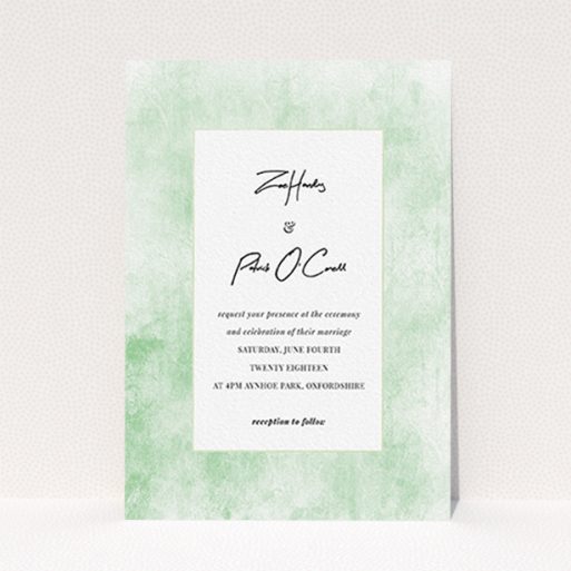 Personalised Wedding Invitation Design - "Rustic Green" A personalised wedding invitation design named "Rustic Green". It is an A6 invite in a portrait orientation. "Rustic Green" is available as a flat invite, with tones of green and white.