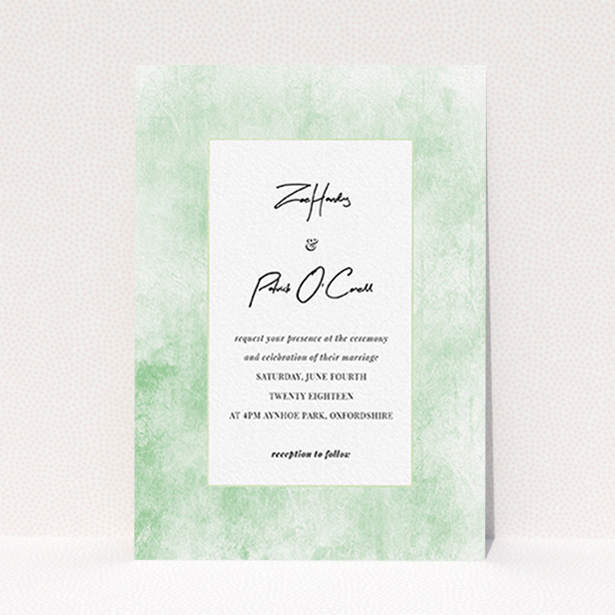 A personalised wedding invitation design named "Rustic Green". It is an A6 invite in a portrait orientation. "Rustic Green" is available as a flat invite, with tones of green and white.