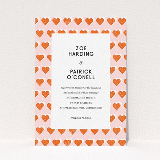 Personalised Wedding Invitation Design - "Rustic Hearts" A personalised wedding invitation design called "Rustic Hearts". It is an A6 invite in a portrait orientation. "Rustic Hearts" is available as a flat invite, with tones of pink and orange.