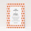 A personalised wedding invitation design called "Rustic Hearts". It is an A6 invite in a portrait orientation. "Rustic Hearts" is available as a flat invite, with tones of pink and orange.
