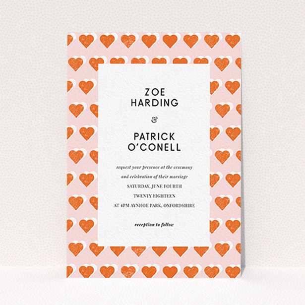 A personalised wedding invitation design called "Rustic Hearts". It is an A6 invite in a portrait orientation. "Rustic Hearts" is available as a flat invite, with tones of pink and orange.