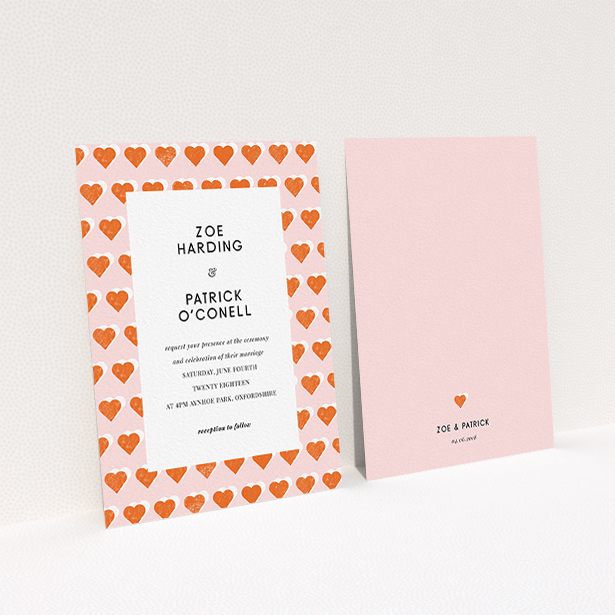 A personalised wedding invitation design called "Rustic Hearts". It is an A6 invite in a portrait orientation. "Rustic Hearts" is available as a flat invite, with tones of pink and orange.