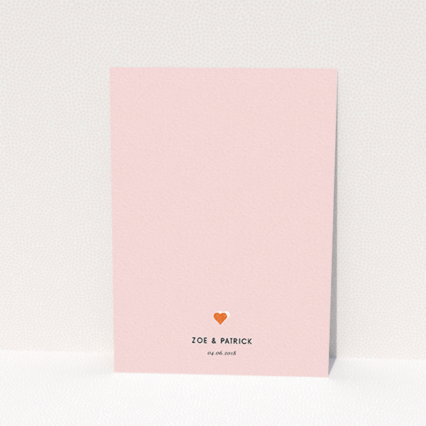 A personalised wedding invitation design called "Rustic Hearts". It is an A6 invite in a portrait orientation. "Rustic Hearts" is available as a flat invite, with tones of pink and orange.