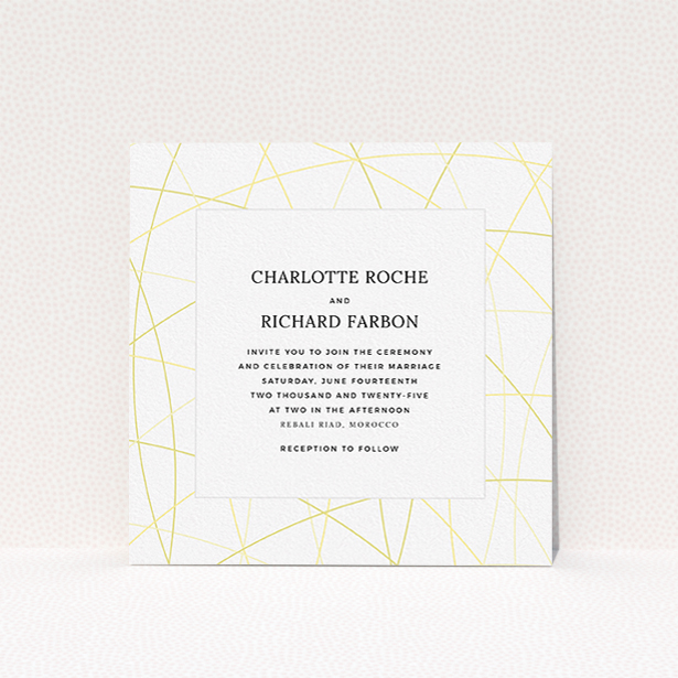 A personalised wedding invitation template titled "Scattered Yellow". It is a square (148mm x 148mm) invite in a square orientation. "Scattered Yellow" is available as a flat invite, with tones of yellow and white.