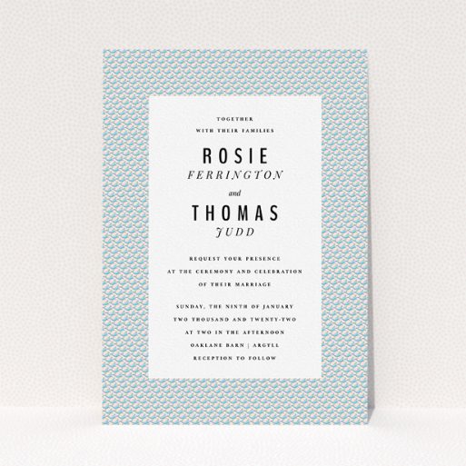 Personalised Wedding Invitation Design - "Sealions" A personalised wedding invitation named "Sealions". It is an A5 invite in a portrait orientation. "Sealions" is available as a flat invite, with tones of blue and pink.