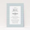 A personalised wedding invitation named "Sealions". It is an A5 invite in a portrait orientation. "Sealions" is available as a flat invite, with tones of blue and pink.