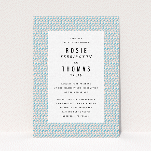 A personalised wedding invitation named "Sealions". It is an A5 invite in a portrait orientation. "Sealions" is available as a flat invite, with tones of blue and pink.