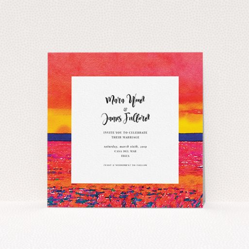 Personalised Wedding Invitation Design - "Setting Sun" A personalised wedding invitation named "Setting Sun". It is a square (148mm x 148mm) invite in a square orientation. "Setting Sun" is available as a flat invite, with tones of red, yellow and navy blue.