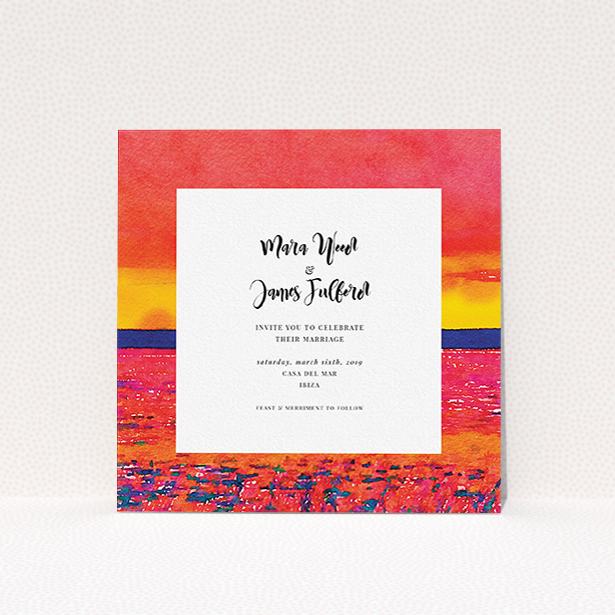 A personalised wedding invitation named "Setting Sun". It is a square (148mm x 148mm) invite in a square orientation. "Setting Sun" is available as a flat invite, with tones of red, yellow and navy blue.
