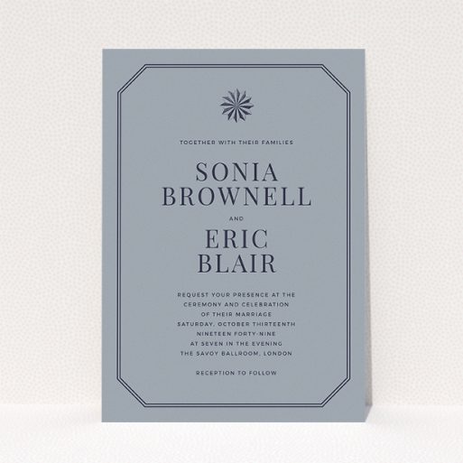 Personalised Wedding Invitation Design - "Shaded sundial" A personalised wedding invitation called "Shaded sundial". It is an A5 invite in a portrait orientation. "Shaded sundial" is available as a flat invite, with tones of dark grey and navy blue.