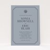 A personalised wedding invitation called "Shaded sundial". It is an A5 invite in a portrait orientation. "Shaded sundial" is available as a flat invite, with tones of dark grey and navy blue.