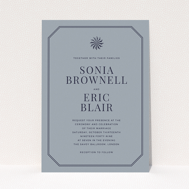 A personalised wedding invitation called "Shaded sundial". It is an A5 invite in a portrait orientation. "Shaded sundial" is available as a flat invite, with tones of dark grey and navy blue.