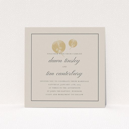 Personalised Wedding Invitation - Shanghai Nights (Amber) A personalised wedding invitation template titled "Shanghai Nights". It is a square (148mm x 148mm) invite in a square orientation. "Shanghai Nights" is available as a flat invite, with mainly dark cream colouring.