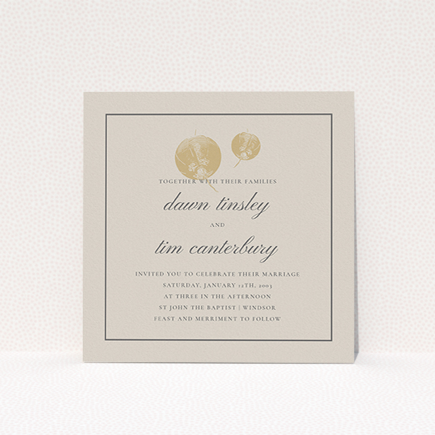 A personalised wedding invitation template titled "Shanghai Nights". It is a square (148mm x 148mm) invite in a square orientation. "Shanghai Nights" is available as a flat invite, with mainly dark cream colouring.