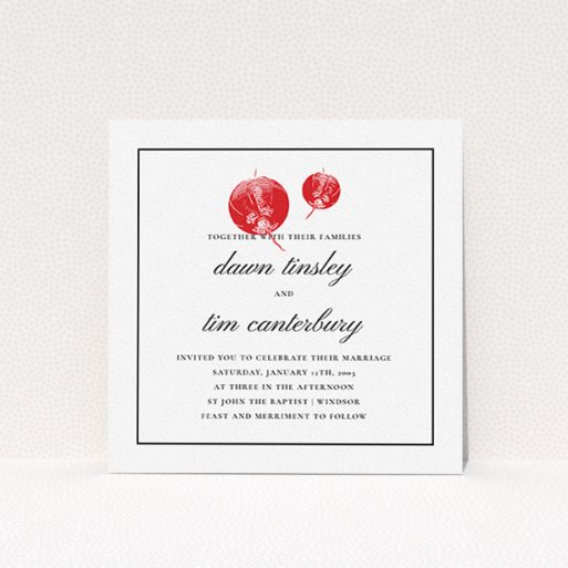Wedding Invitation Card - Shanghai Nights (Black) A personalised wedding invitation named "Shanghai Nights". It is a square (148mm x 148mm) invite in a square orientation. "Shanghai Nights" is available as a flat invite, with tones of red and black.