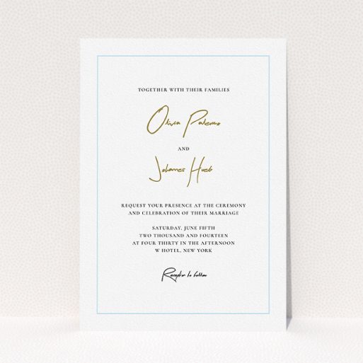 Wedding Invitation Card - Signature Script (Green) A personalised wedding invitation named "Signature script". It is an A5 invite in a portrait orientation. "Signature script" is available as a flat invite, with tones of white and light blue.