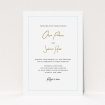 A personalised wedding invitation named "Signature script". It is an A5 invite in a portrait orientation. "Signature script" is available as a flat invite, with tones of white and light blue.