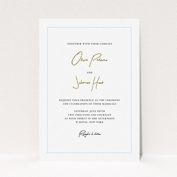 A personalised wedding invitation named "Signature script". It is an A5 invite in a portrait orientation. "Signature script" is available as a flat invite, with tones of white and light blue.