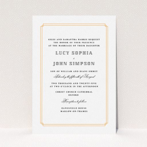 Personalised Wedding Invitation Design - "Simplistic Notch Frame" A personalised wedding invitation template titled "Simplistic Notch Frame". It is an A5 invite in a portrait orientation. "Simplistic Notch Frame" is available as a flat invite, with tones of orange and white.
