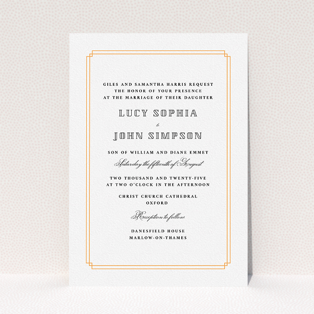 A personalised wedding invitation template titled "Simplistic Notch Frame". It is an A5 invite in a portrait orientation. "Simplistic Notch Frame" is available as a flat invite, with tones of orange and white.