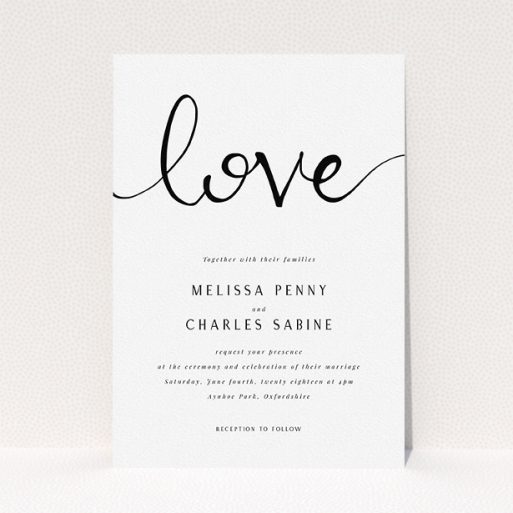 Personalised Wedding Invitation Design - "Simply Love" A personalised wedding invitation design titled "Simply Love". It is an A5 invite in a portrait orientation. "Simply Love" is available as a flat invite, with tones of white and black.