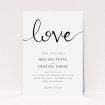 A personalised wedding invitation design titled "Simply Love". It is an A5 invite in a portrait orientation. "Simply Love" is available as a flat invite, with tones of white and black.