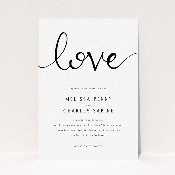 A personalised wedding invitation design titled "Simply Love". It is an A5 invite in a portrait orientation. "Simply Love" is available as a flat invite, with tones of white and black.