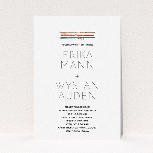 Personalised Wedding Invitation Design - "Ski pass" A personalised wedding invitation template titled "Ski pass". It is an A5 invite in a portrait orientation. "Ski pass" is available as a flat invite, with tones of white and blue.