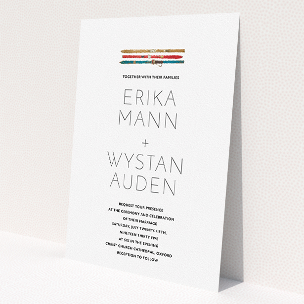 A personalised wedding invitation template titled "Ski pass". It is an A5 invite in a portrait orientation. "Ski pass" is available as a flat invite, with tones of white and blue.