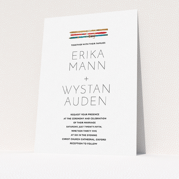 A personalised wedding invitation template titled "Ski pass". It is an A5 invite in a portrait orientation. "Ski pass" is available as a flat invite, with tones of white and blue.