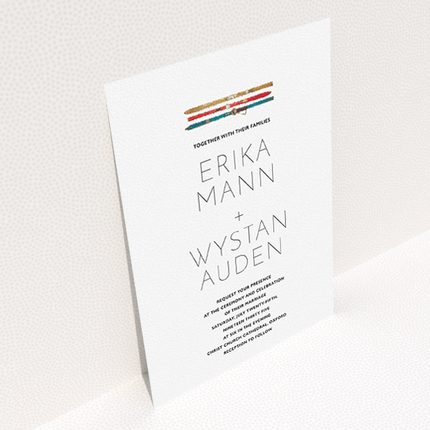 A personalised wedding invitation template titled "Ski pass". It is an A5 invite in a portrait orientation. "Ski pass" is available as a flat invite, with tones of white and blue.