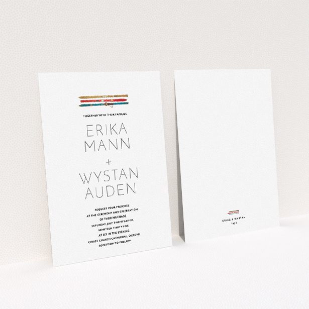 A personalised wedding invitation template titled "Ski pass". It is an A5 invite in a portrait orientation. "Ski pass" is available as a flat invite, with tones of white and blue.