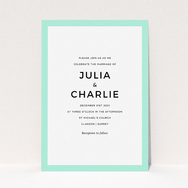 A personalised wedding invitation design named "Slight Frame". It is an A5 invite in a portrait orientation. "Slight Frame" is available as a flat invite, with tones of green and white.