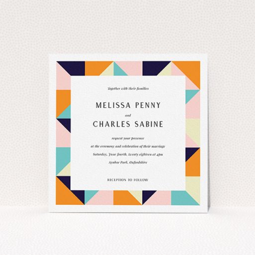 Personalised Wedding Invitation Design - "Sloane Squares" A personalised wedding invitation design called "Sloane Squares". It is a square (148mm x 148mm) invite in a square orientation. "Sloane Squares" is available as a flat invite, with mainly orange colouring.