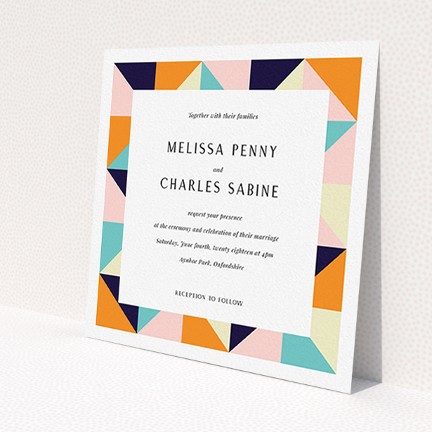 A personalised wedding invitation design called "Sloane Squares". It is a square (148mm x 148mm) invite in a square orientation. "Sloane Squares" is available as a flat invite, with mainly orange colouring.
