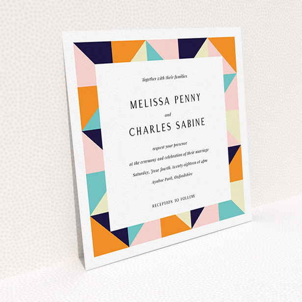 A personalised wedding invitation design called "Sloane Squares". It is a square (148mm x 148mm) invite in a square orientation. "Sloane Squares" is available as a flat invite, with mainly orange colouring.