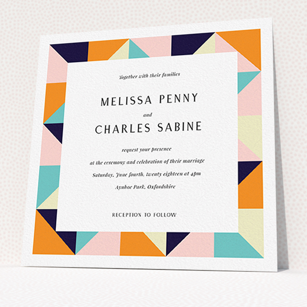A personalised wedding invitation design called "Sloane Squares". It is a square (148mm x 148mm) invite in a square orientation. "Sloane Squares" is available as a flat invite, with mainly orange colouring.