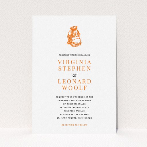 Personalised Wedding Invitation Design - "Spiritual orange" A personalised wedding invitation named "Spiritual orange". It is an A5 invite in a portrait orientation. "Spiritual orange" is available as a flat invite, with tones of white and orange.